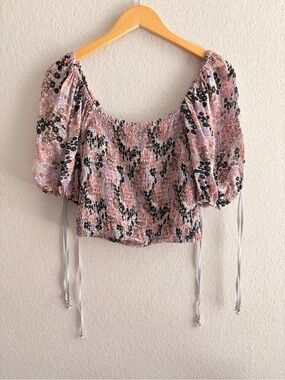 Free People “Back On Top” Crop Smocked Shirt With Puff Sleeve Size XS Multi